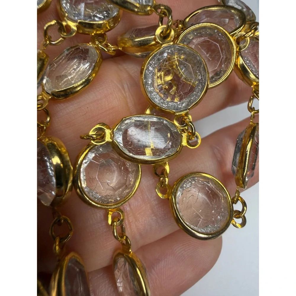 Gold Tone Bezel Set Clear Faceted Crystal Station Long Necklace 36 Inch